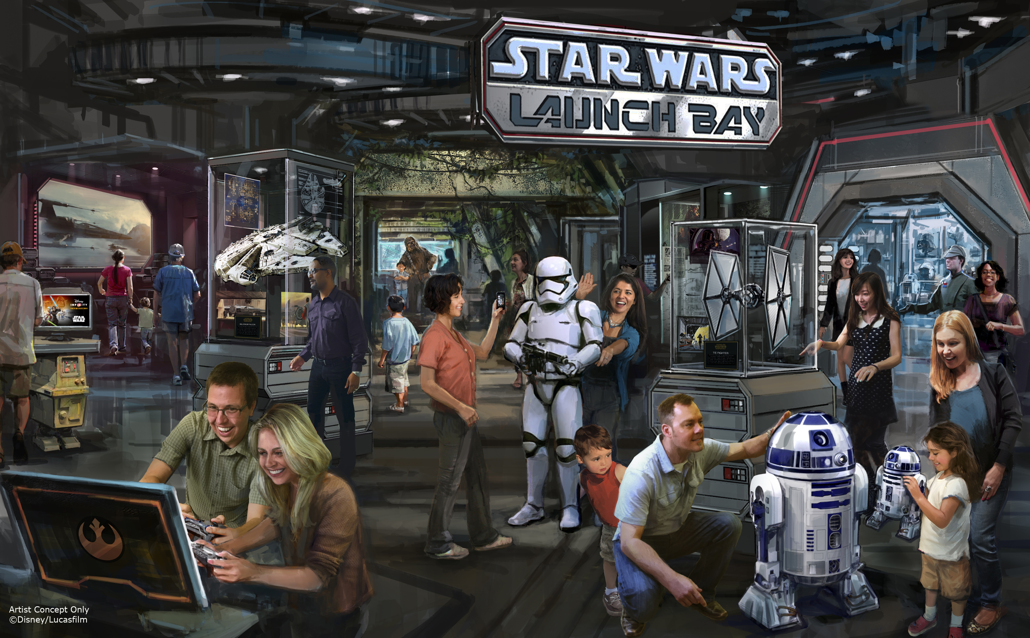 Star Wars Launch Bay This interactive experience will take guests into the upcoming film, Star Wars: The Force Awakens, with special exhibits and peeks behind the scenes, including opportunities to visit with new and favorite Star Wars characters, special merchandise and food offerings. Star Wars Launch Bay will be located in the Animation Courtyard at DisneyÕs Hollywood Studios and in Tomorrowland at Disneyland park. (Disney Parks)